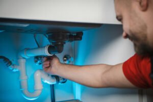 Befestigte Wasserleitung mit Rohrschelle